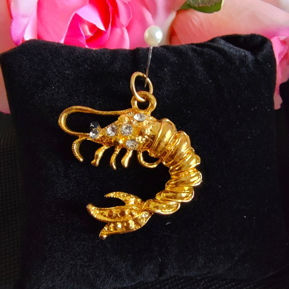 Gold Plated Rhinestone studded Nautical Shrimp Pendant Charm